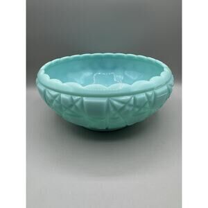 Fenton Turquoise Blue Milk Glass Bowl Block Stars Pattern 1955